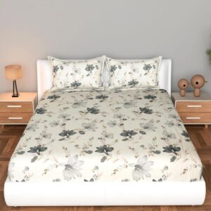 Floral Print White Colour Glace Cotton 160TC Queen Size Double Bedsheet with 2 Pillow Covers