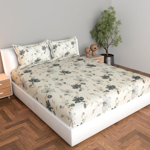 Floral Print White Colour Glace Cotton 160TC Queen Size Double Bedsheet with 2 Pillow Covers - Image 3