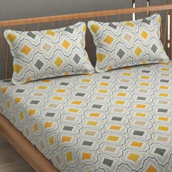 Geometric Print Multi Colour Glace Cotton 160TC Queen Size Double Bedsheet with 2 Pillow Covers - Image 3