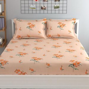 Floral Print Orange Colour Glace Cotton 210TC Queen Size Double Bedsheet with 2 Pillow Covers ( 90″ X100″)