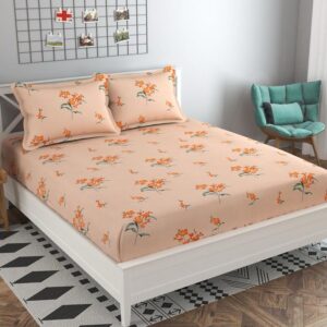 Floral Print Orange Colour Glace Cotton 210TC Queen Size Double Bedsheet with 2 Pillow Covers ( 90″ X100″)