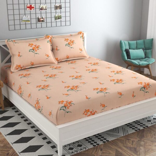 Floral Print Orange Colour Glace Cotton 210TC Queen Size Double Bedsheet with 2 Pillow Covers ( 90" X100")