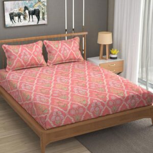 Floral Print Pink Green Colour Glace Cotton 210TC Queen Size Double Bedsheet with 2 Pillow Covers