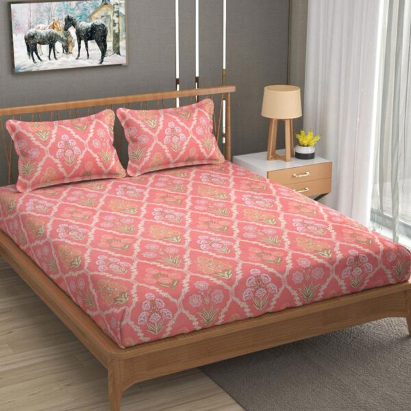 Floral Print Pink Green Colour Glace Cotton 210TC Queen Size Double Bedsheet with 2 Pillow Covers
