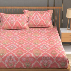 Floral Print Pink Green Colour Glace Cotton 210TC Queen Size Double Bedsheet with 2 Pillow Covers