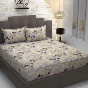 Floral Print Multi Colour Glace Cotton 160TC Queen Size Double Bedsheet with 2 Pillow Covers