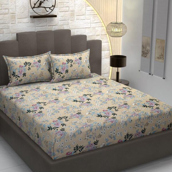 Floral Print Multi Colour Glace Cotton 160TC Queen Size Double Bedsheet with 2 Pillow Covers - Image 2