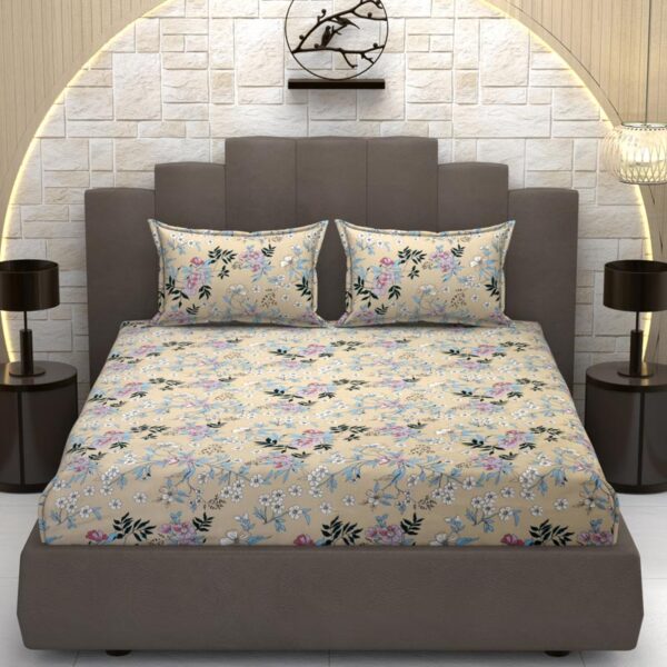 Floral Print Multi Colour Glace Cotton 160TC Queen Size Double Bedsheet with 2 Pillow Covers - Image 3
