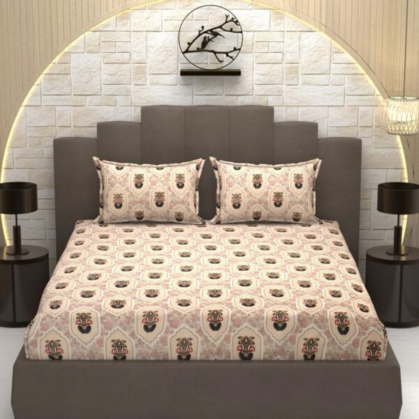 Floral Print Brown Colour Glace Cotton 210TC Queen Size Double Bedsheet with 2 Pillow Covers - Image 3