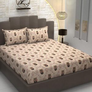Floral Print Brown Colour Glace Cotton 210TC Queen Size Double Bedsheet with 2 Pillow Covers