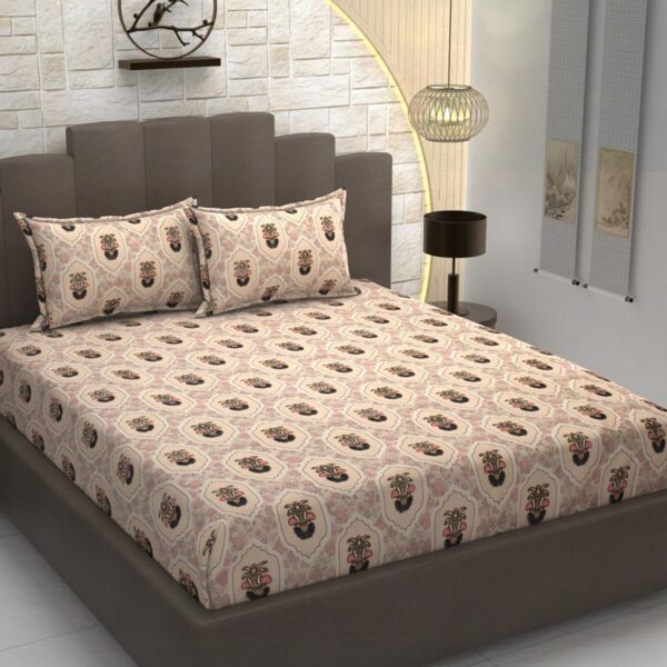 Floral Print Brown Colour Glace Cotton 210TC Queen Size Double Bedsheet with 2 Pillow Covers - Image 2
