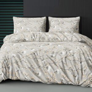 Floral Print Beige Colour Glace Cotton 160TC Queen Size Double Bedsheet with 2 Pillow Covers