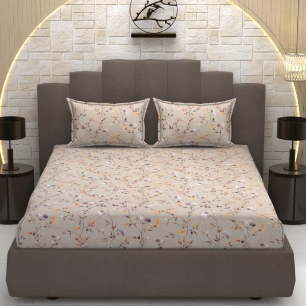 Floral Print Beige Colour Glace Cotton 160TC Queen Size Double Bedsheet with 2 Pillow Covers - Image 3