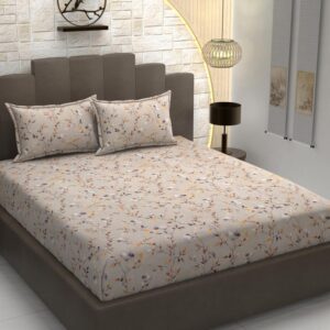 Floral Print Beige Colour Glace Cotton 160TC Queen Size Double Bedsheet with 2 Pillow Covers