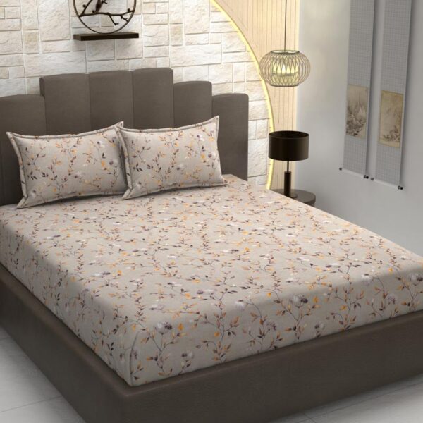 Floral Print Beige Colour Glace Cotton 160TC Queen Size Double Bedsheet with 2 Pillow Covers - Image 2