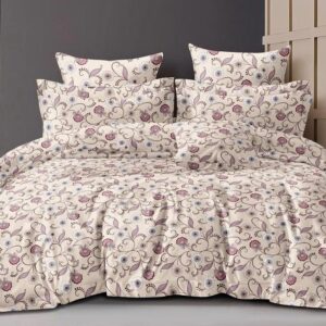 Floral Print Beige Colour Glace Cotton 160TC Queen Size Double Bedsheet with 2 Pillow Covers