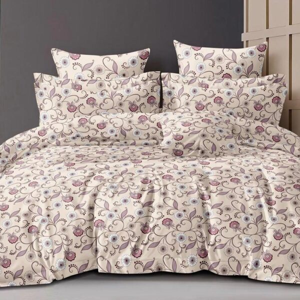 Floral Print Beige Colour Glace Cotton 160TC Queen Size Double Bedsheet with 2 Pillow Covers