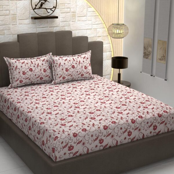 Floral Print Beige Colour Glace Cotton 160TC Queen Size Double Bedsheet with 2 Pillow Covers - Image 3