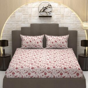 Floral Print Beige Colour Glace Cotton 160TC Queen Size Double Bedsheet with 2 Pillow Covers