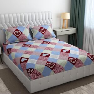 Geometric Print Blue Red Colour Glace Cotton 160TC Queen Size Double Bedsheet with 2 Pillow Covers