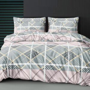 Geometric Print Blue Pink Colour Glace Cotton 160TC Queen Size Double Bedsheet with 2 Pillow Covers