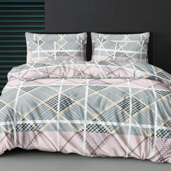 Geometric Print Blue Pink Colour Glace Cotton 160TC Queen Size Double Bedsheet with 2 Pillow Covers