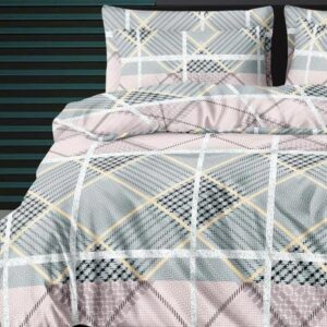 Geometric Print Blue Pink Colour Glace Cotton 160TC Queen Size Double Bedsheet with 2 Pillow Covers