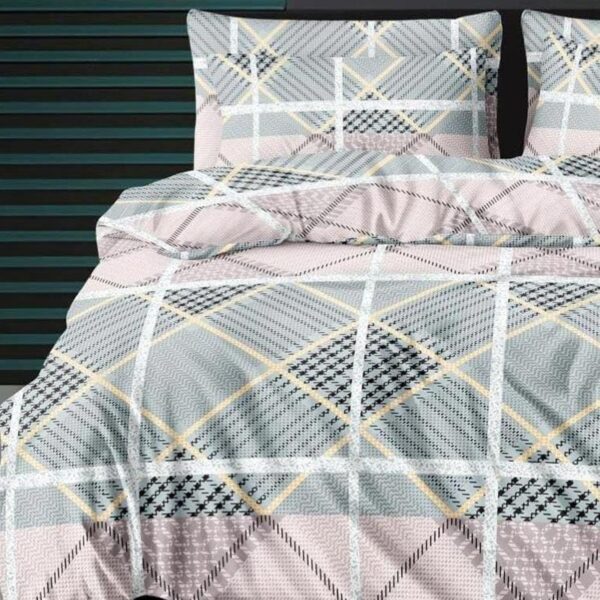 Geometric Print Blue Pink Colour Glace Cotton 160TC Queen Size Double Bedsheet with 2 Pillow Covers - Image 2