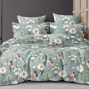 Floral Print Light Green Colour Glace Cotton 160TC Queen Size Double Bedsheet with 2 Pillow Covers