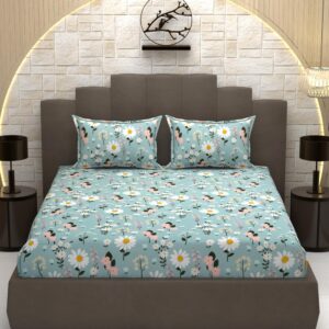 Floral Print Light Green Colour Glace Cotton 160TC Queen Size Double Bedsheet with 2 Pillow Covers