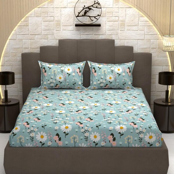 Floral Print Light Green Colour Glace Cotton 160TC Queen Size Double Bedsheet with 2 Pillow Covers - Image 2