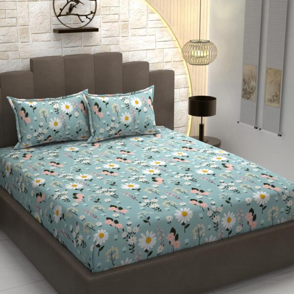 Floral Print Light Green Colour Glace Cotton 160TC Queen Size Double Bedsheet with 2 Pillow Covers - Image 3