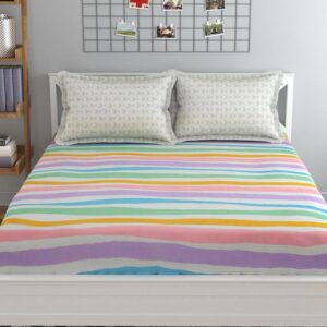 Stripe Print Multi Colour Glace Cotton 160TC Queen Size Double Bedsheet with 2 Pillow Covers