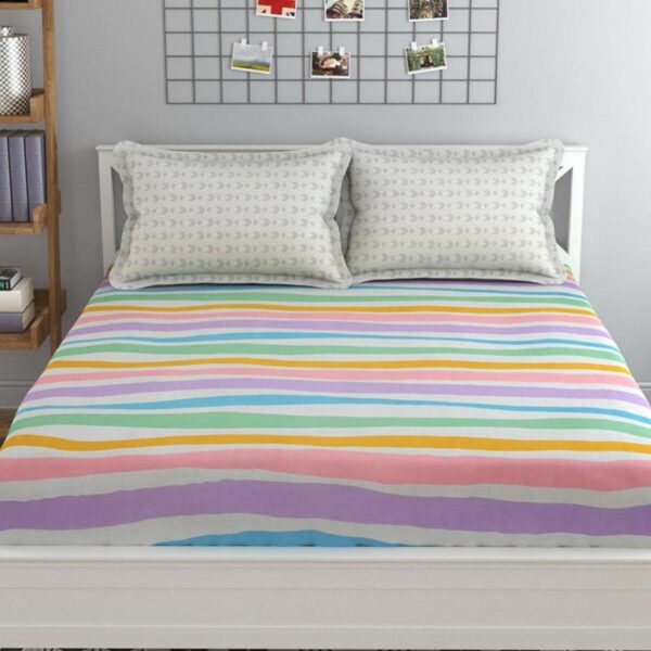Stripe Print Multi Colour Glace Cotton 160TC Queen Size Double Bedsheet with 2 Pillow Covers