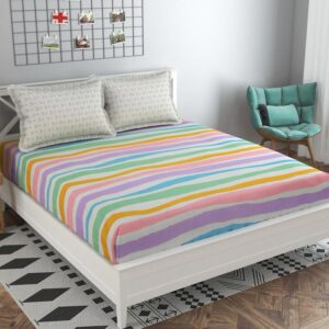 Stripe Print Multi Colour Glace Cotton 160TC Queen Size Double Bedsheet with 2 Pillow Covers