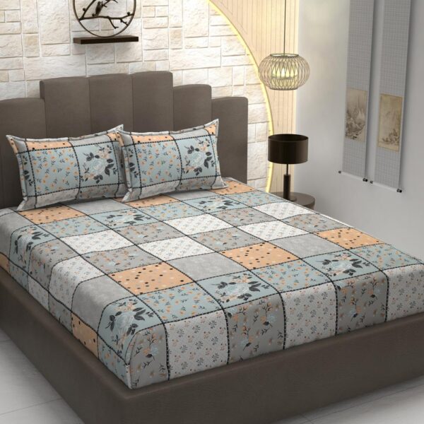 Floral Print Light Multi Colour Glace Cotton 160TC Queen Size Double Bedsheet with 2 Pillow Covers - Image 2