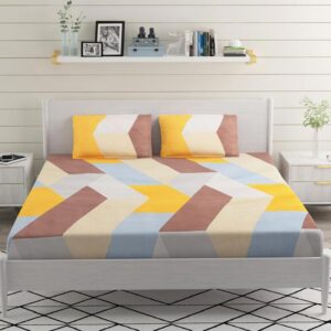 Geometric Print Multi Colour Glace Cotton 160TC Queen Size Double Bedsheet with 2 Pillow Covers