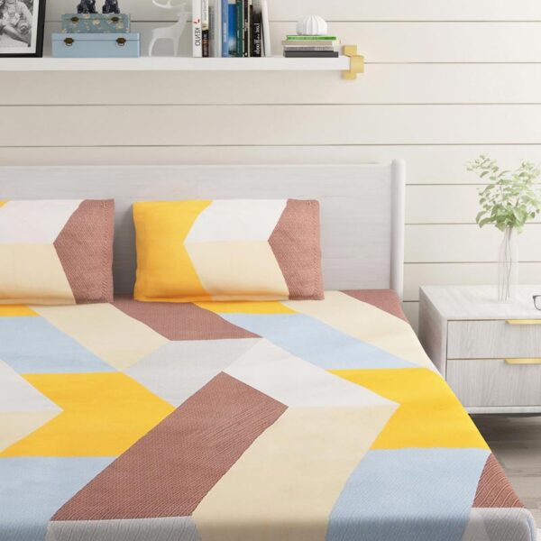 Geometric Print Multi Colour Glace Cotton 160TC Queen Size Double Bedsheet with 2 Pillow Covers - Image 3
