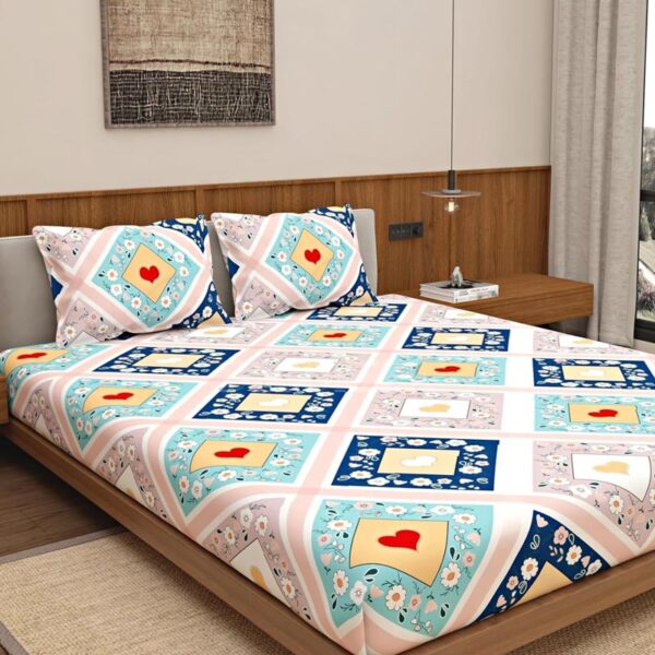 Geometric Print Multi Colour Glace Cotton 160TC Queen Size Double Bedsheet with 2 Pillow Covers - Image 4