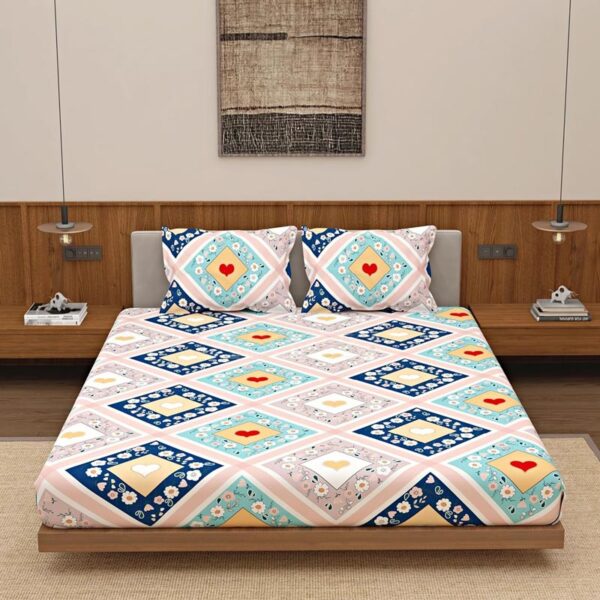 Geometric Print Multi Colour Glace Cotton 160TC Queen Size Double Bedsheet with 2 Pillow Covers - Image 3