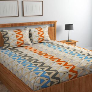 Geometric Print Multi Colour Glace Cotton 160TC Queen Size Double Bedsheet with 2 Pillow Covers