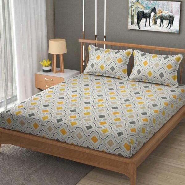 Geometric Print Multi Colour Glace Cotton 160TC Queen Size Double Bedsheet with 2 Pillow Covers - Image 2