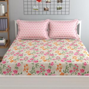Floral Print Beige Pink Colour Glace Cotton 160TC Queen Size Double Bedsheet with 2 Pillow Covers
