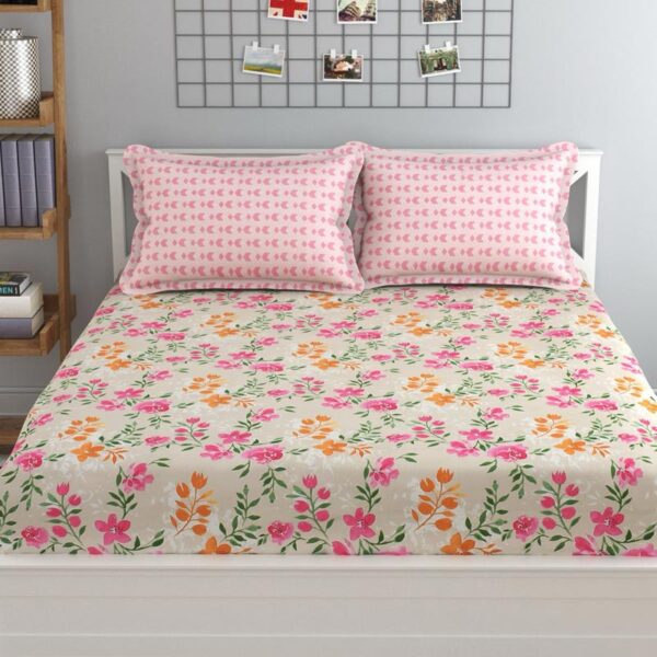 Floral Print Beige Pink Colour Glace Cotton 160TC Queen Size Double Bedsheet with 2 Pillow Covers
