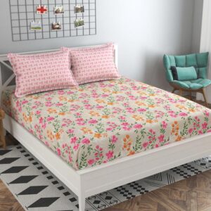 Floral Print Beige Pink Colour Glace Cotton 160TC Queen Size Double Bedsheet with 2 Pillow Covers