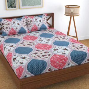 Floral Print Blue Pink Colour Glace Cotton 160TC Queen Size Double Bedsheet with 2 Pillow Covers