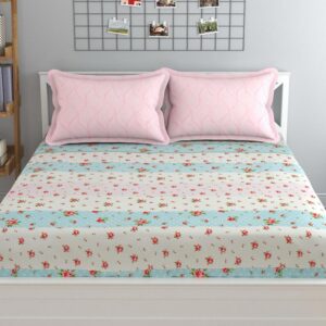 Floral Print Blue Pink Colour Glace Cotton 160TC Queen Size Double Bedsheet with 2 Pillow Covers