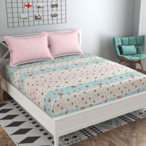 Floral Print Blue Pink Colour Glace Cotton 160TC Queen Size Double Bedsheet with 2 Pillow Covers
