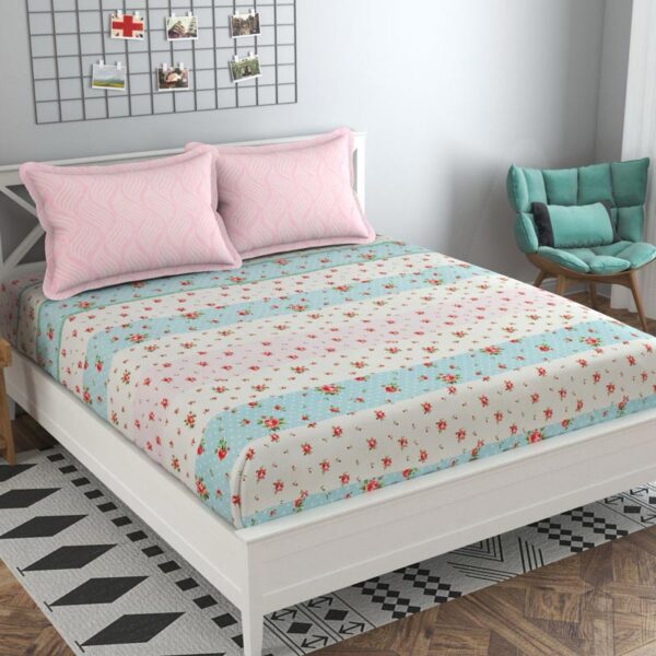 Floral Print Blue Pink Colour Glace Cotton 160TC Queen Size Double Bedsheet with 2 Pillow Covers - Image 2