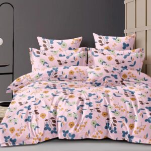 Floral Print Pink Colour Glace Cotton 160TC Queen Size Double Bedsheet with 2 Pillow Covers